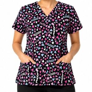 Cassandra O Scrub Top Womens Small Black Pink Heart Faith Blessed‎ Love V-Neck